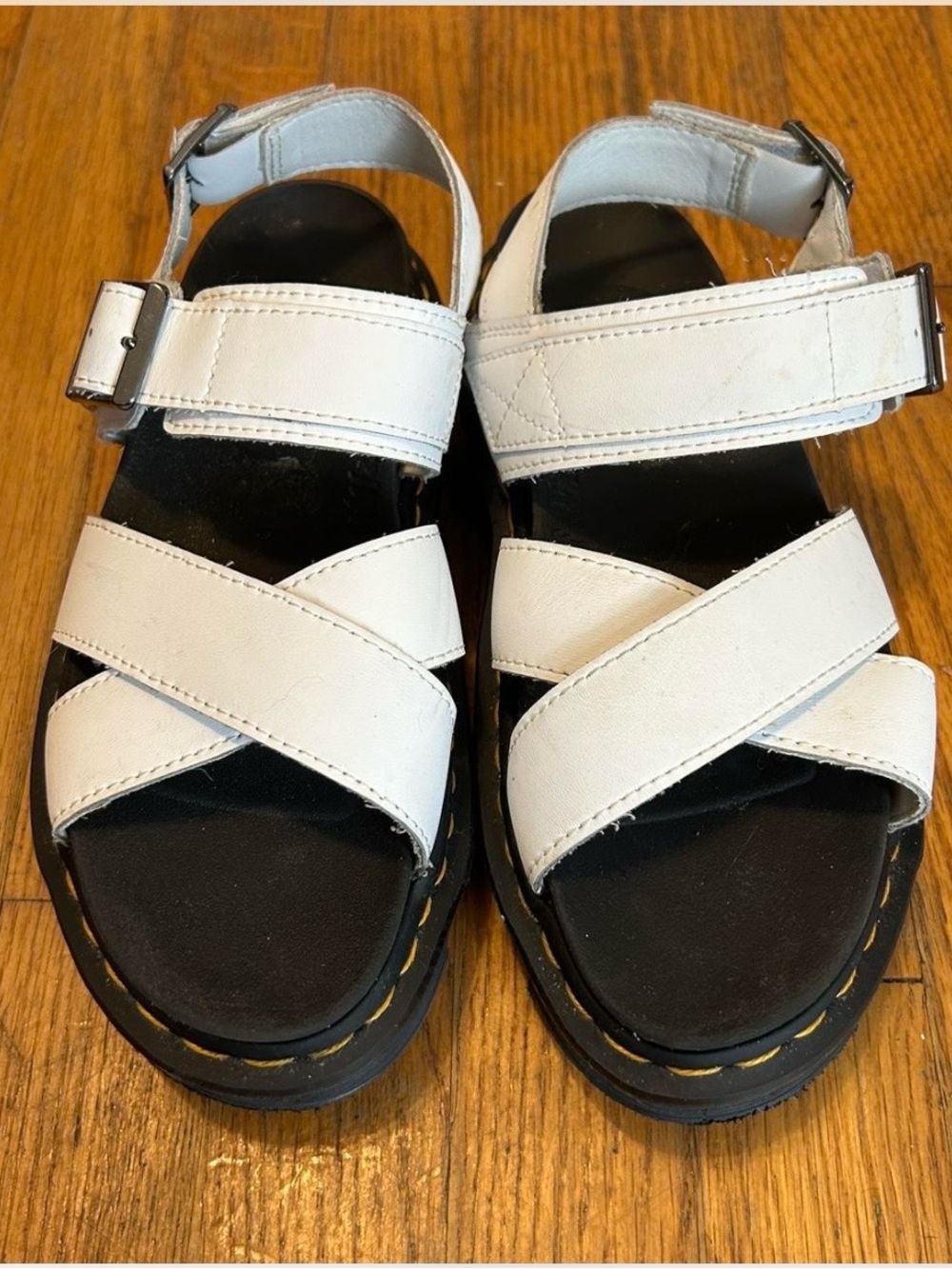 Dr. Martens White Leather Cross-Strap Sandals with Black Sole